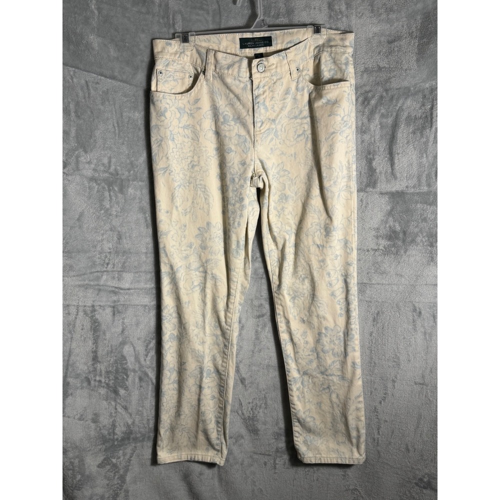 Lauren Ralph Lauren Floral Toile Modern Straight Ankle Jeans Cream Blue Size 10